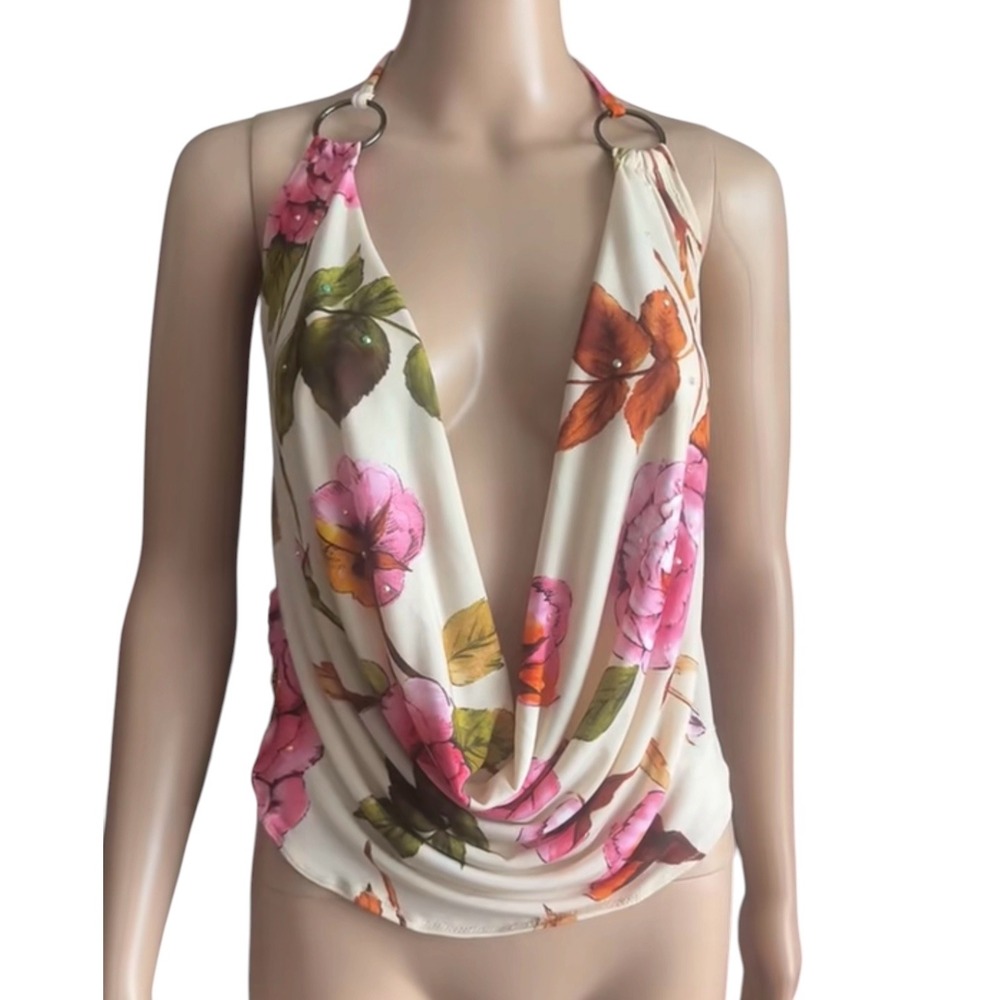 Handmade Floral Rhinestone Halter Top Deep Cowl Neck O-Ring Pink Cream S Y2K